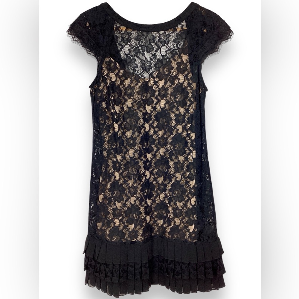 Jessica Simpson Black Lace Drop Waist Dress party Nude illusion Cap sleeve